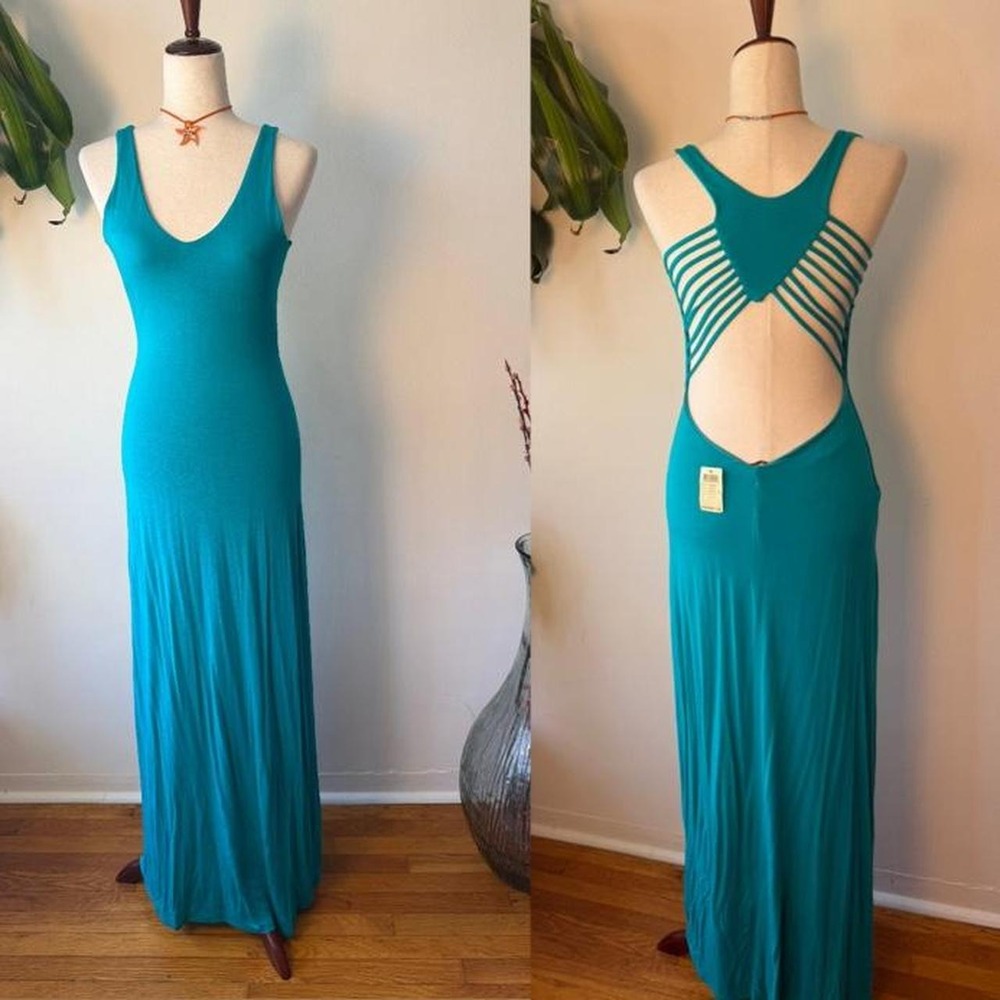 Arden B Teal Y2K Maxi Dress Mermaidcore Strappy Open Back Boho Turquoise Small